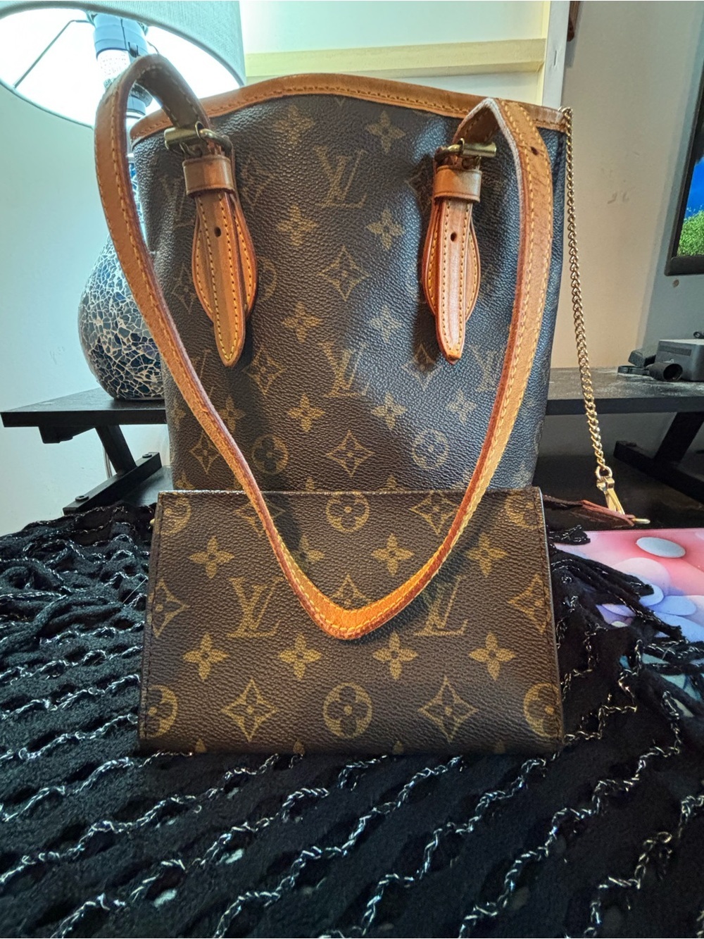 Authentic Louis Vuitton Monogram Petit Bucket PM with Matching Pouch